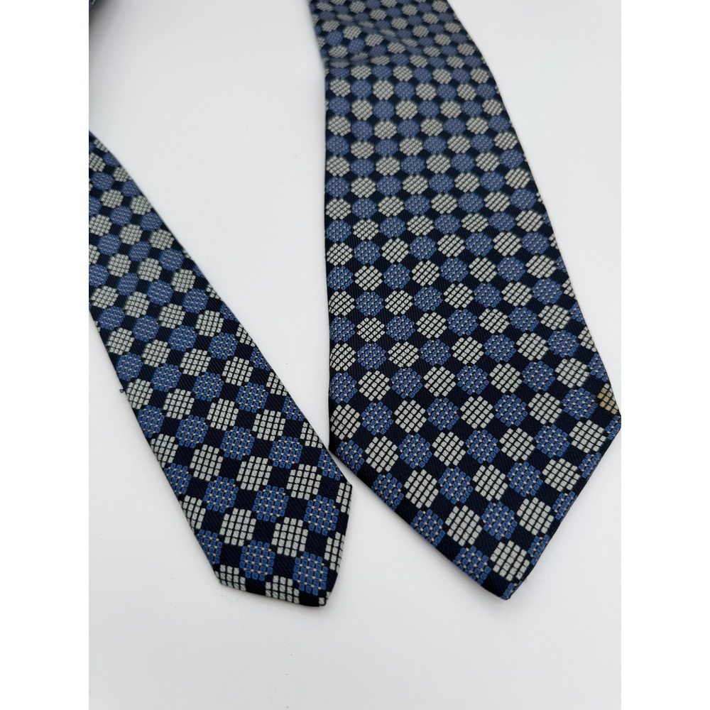 Brioni‎ Mens Silk Tie Blue Silver Geometric Check Hand Made in Italy Luxury tie